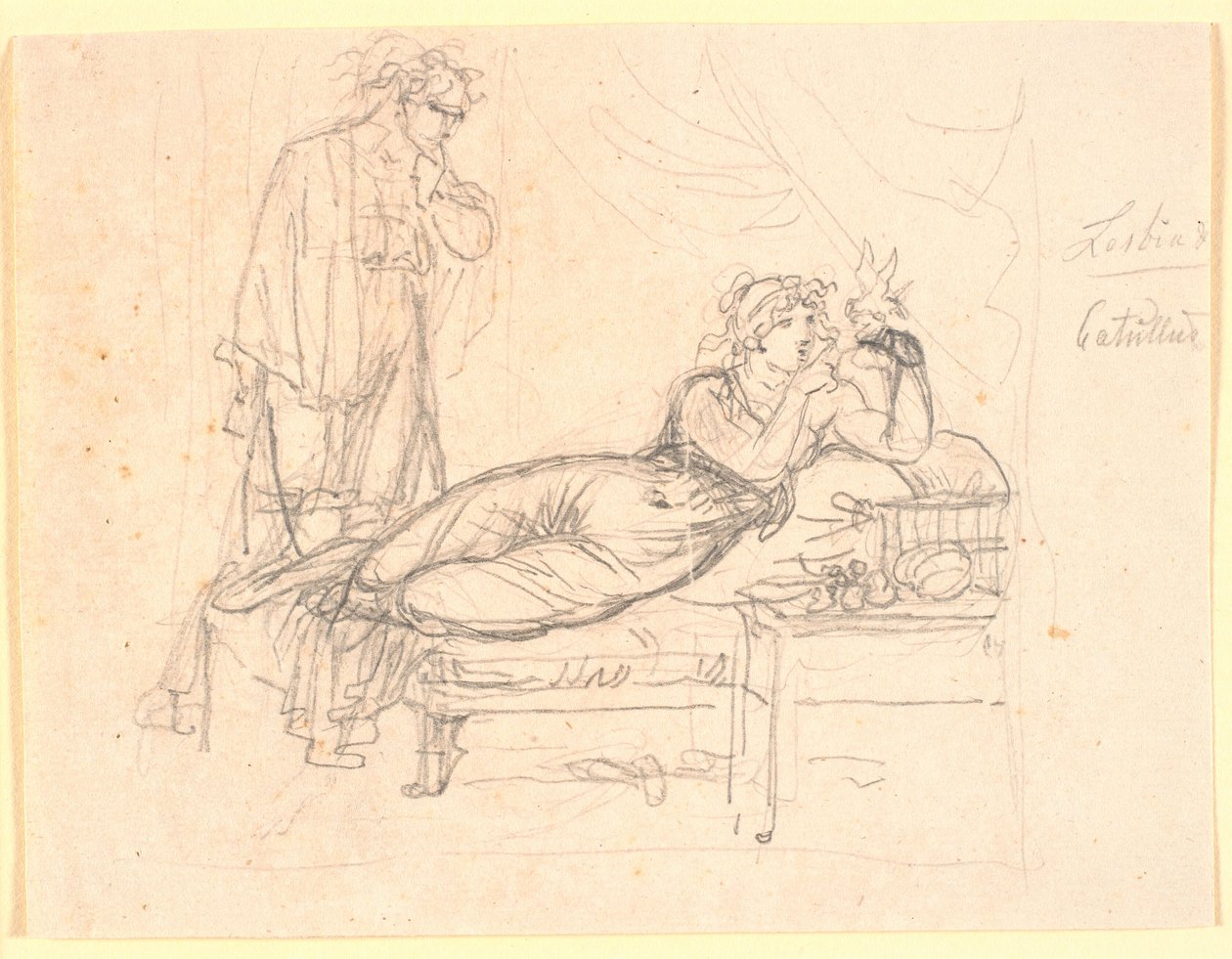 Lesbia and Catullus. Lesbia Lying, Holding a Bird in Her Left Hand. Catullus Standing Behind by Nicolai Abildgaard
