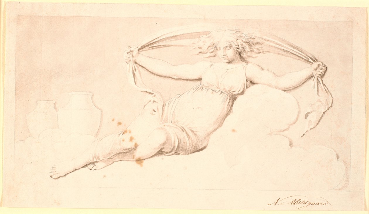 Night, a Resting Female Figure. Executed as Grisaille. Same Composition as Td 542,38 but Without Wings and with Loose Hair by Nicolai Abildgaard
