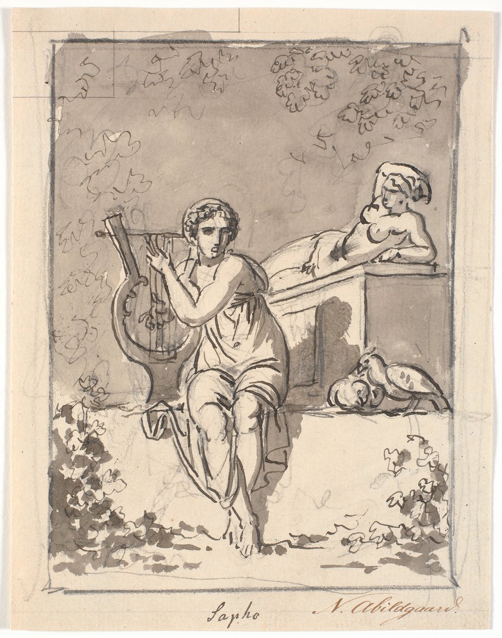 Sappho, Sitting with Her Lyre, with a Hermaphrodite Resting in the Background by Nicolai Abildgaard
