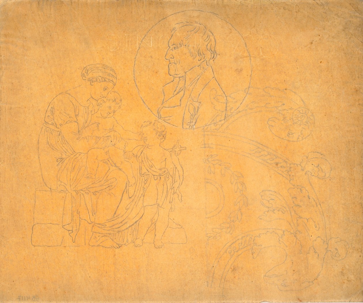 Seated Woman with Two Children and Profile Portrait in Circular Composition by Nicolai Abildgaard