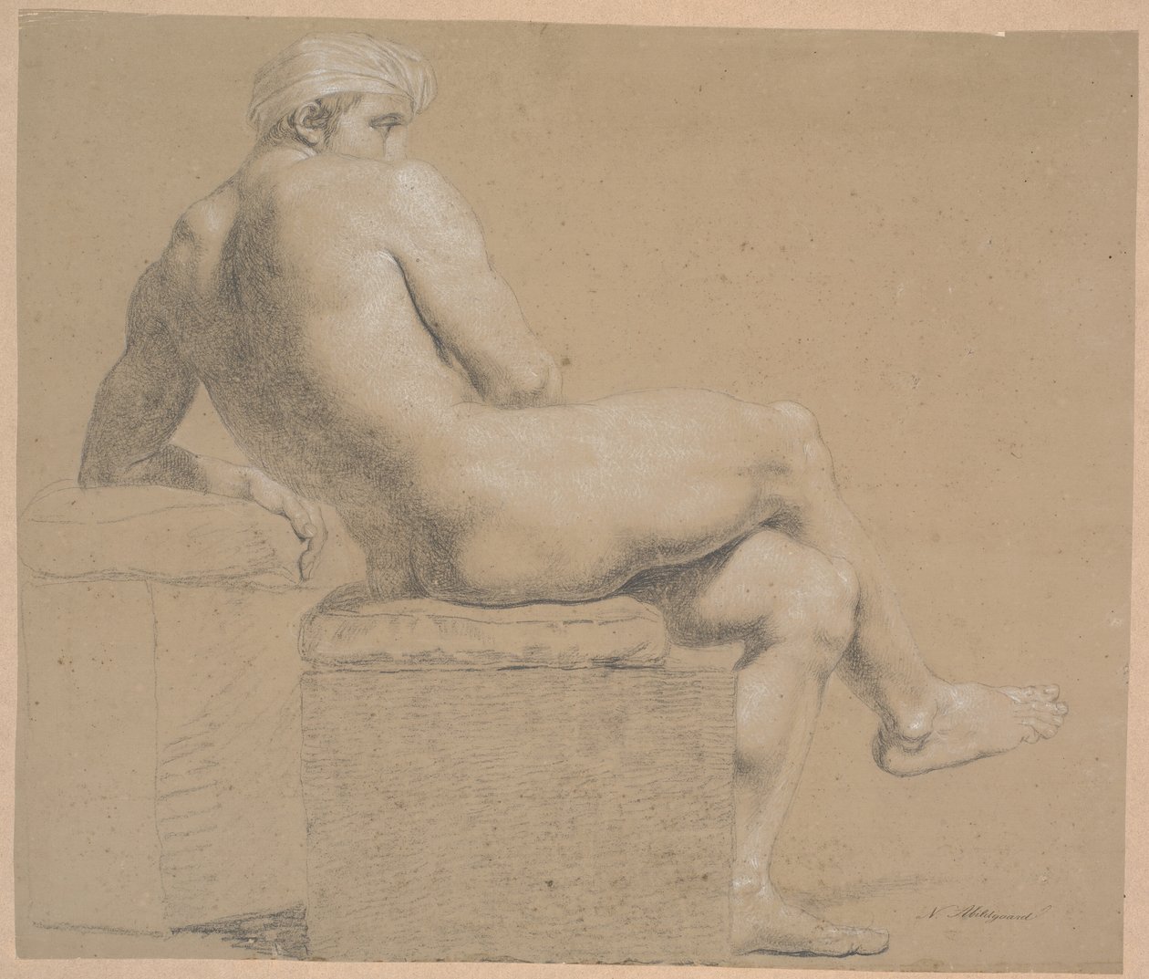 Seated Model with Headscarf. Sitting on Plinth with Pillow. Facing Right. Leaning Back Against a Higher Plinth, on Which the Left Arm Rests. Legs Crossed by Nicolai Abildgaard