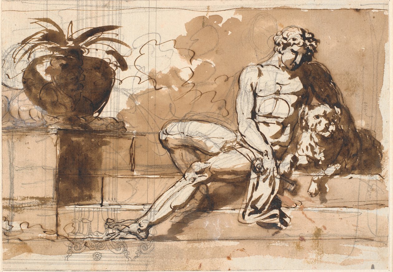 Seated Naked Man with a Poodle to the Left and an Agave by Nicolai Abildgaard