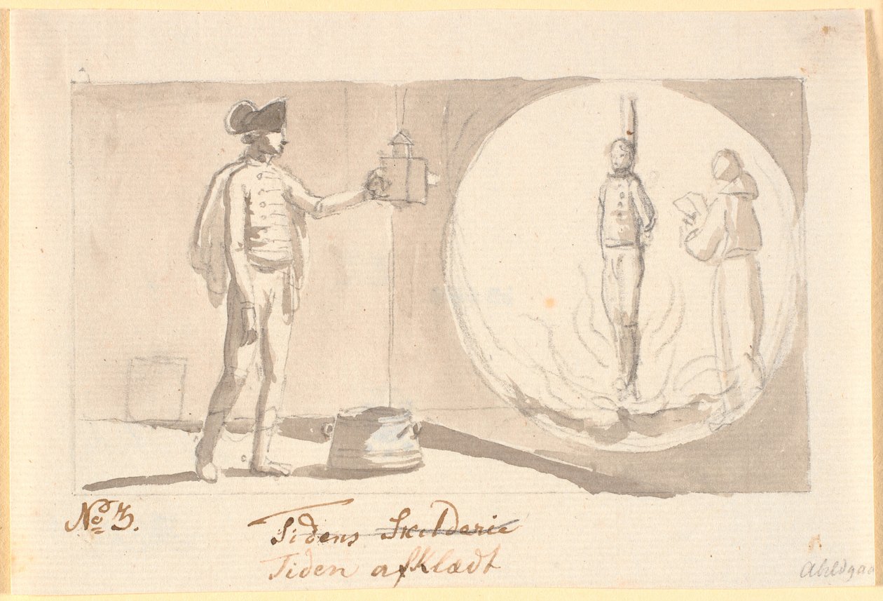 Time Unclothed. A Hussar Officer with a Magic Lantern Shows a Picture of a Sinner at the Stake and Next to Him a Monk Reading Prayers by Nicolai Abildgaard