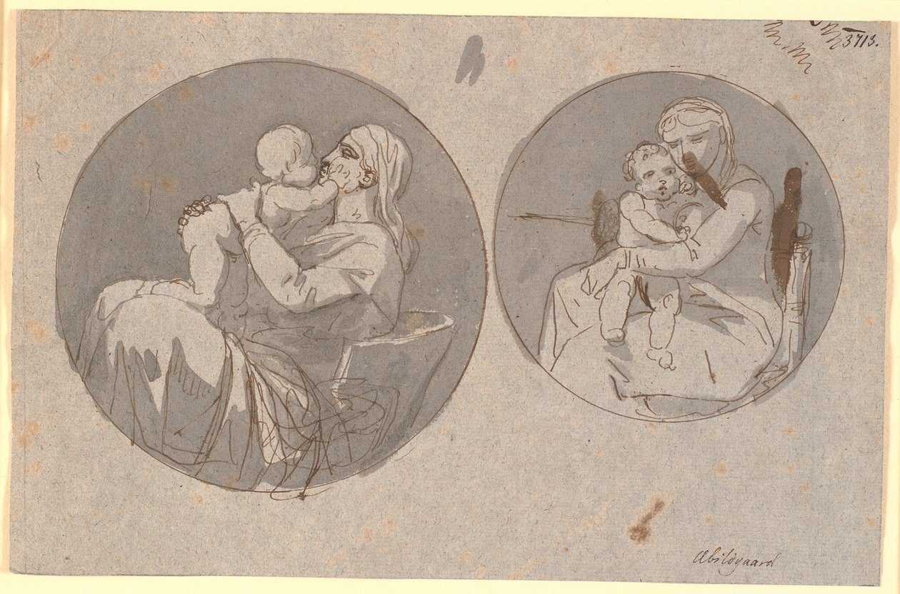 Two Circular Compositions of a Mother Sitting with Her Child in Her Arms by Nicolai Abildgaard