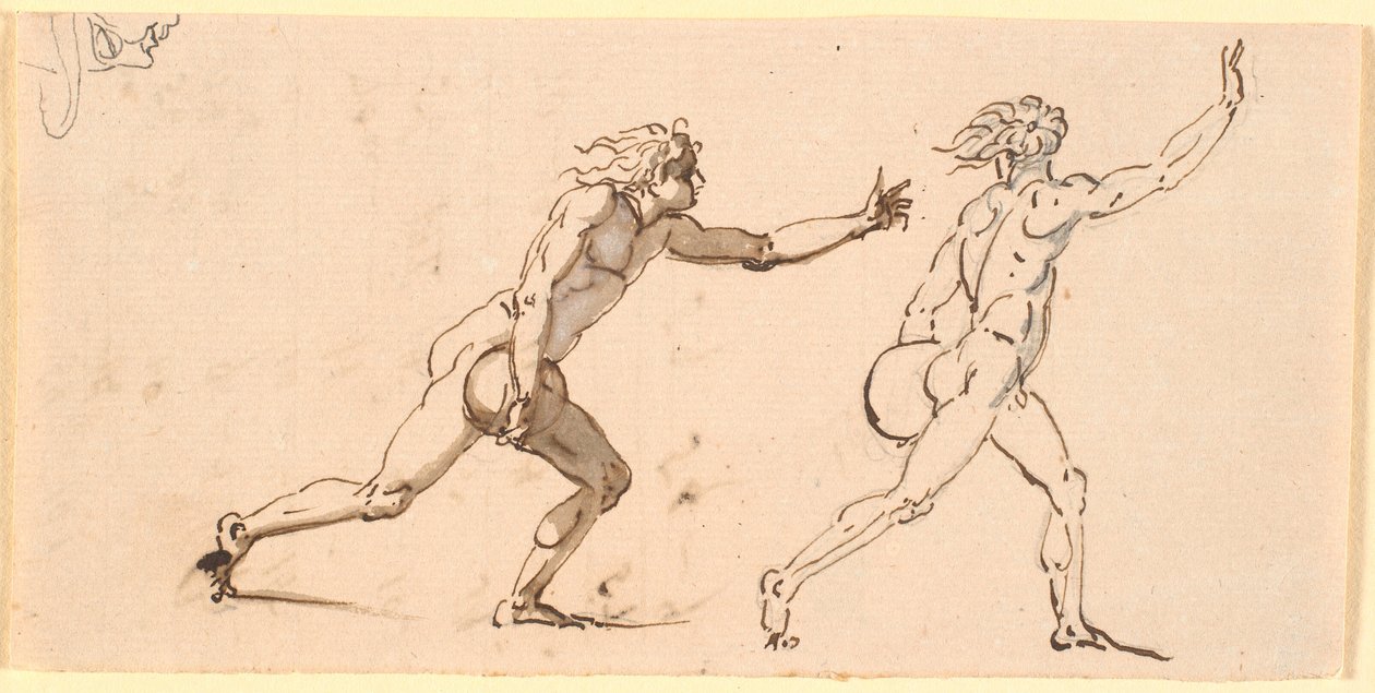 Two Naked Men Running to the Right, Each with a Large Stone in One Hand, and a Sketch of a Face in Profile by Nicolai Abildgaard