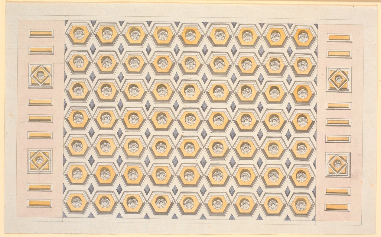 Draft for a Ceiling with Hexagonal Coffers and Rosettes in Yellow and Violet by Nicolai Abildgaard