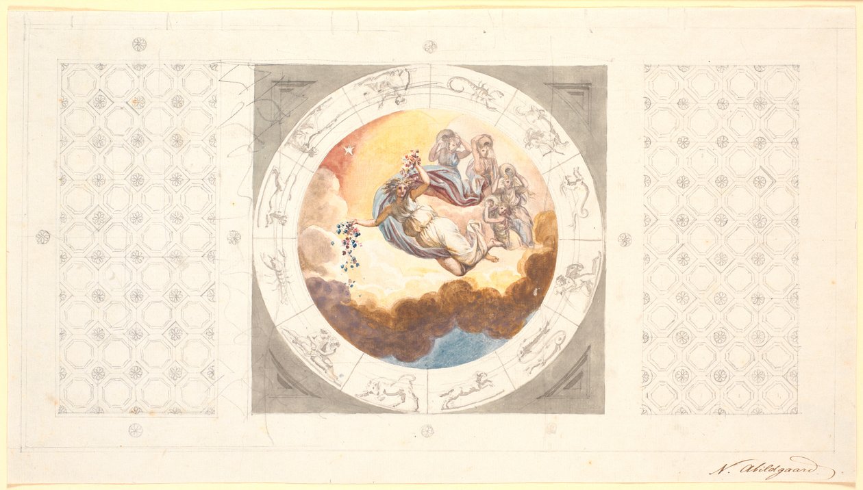 Draft for ceiling decoration with coffers and in the middle a circular image with the morning scattering flowers by Nicolai Abildgaard