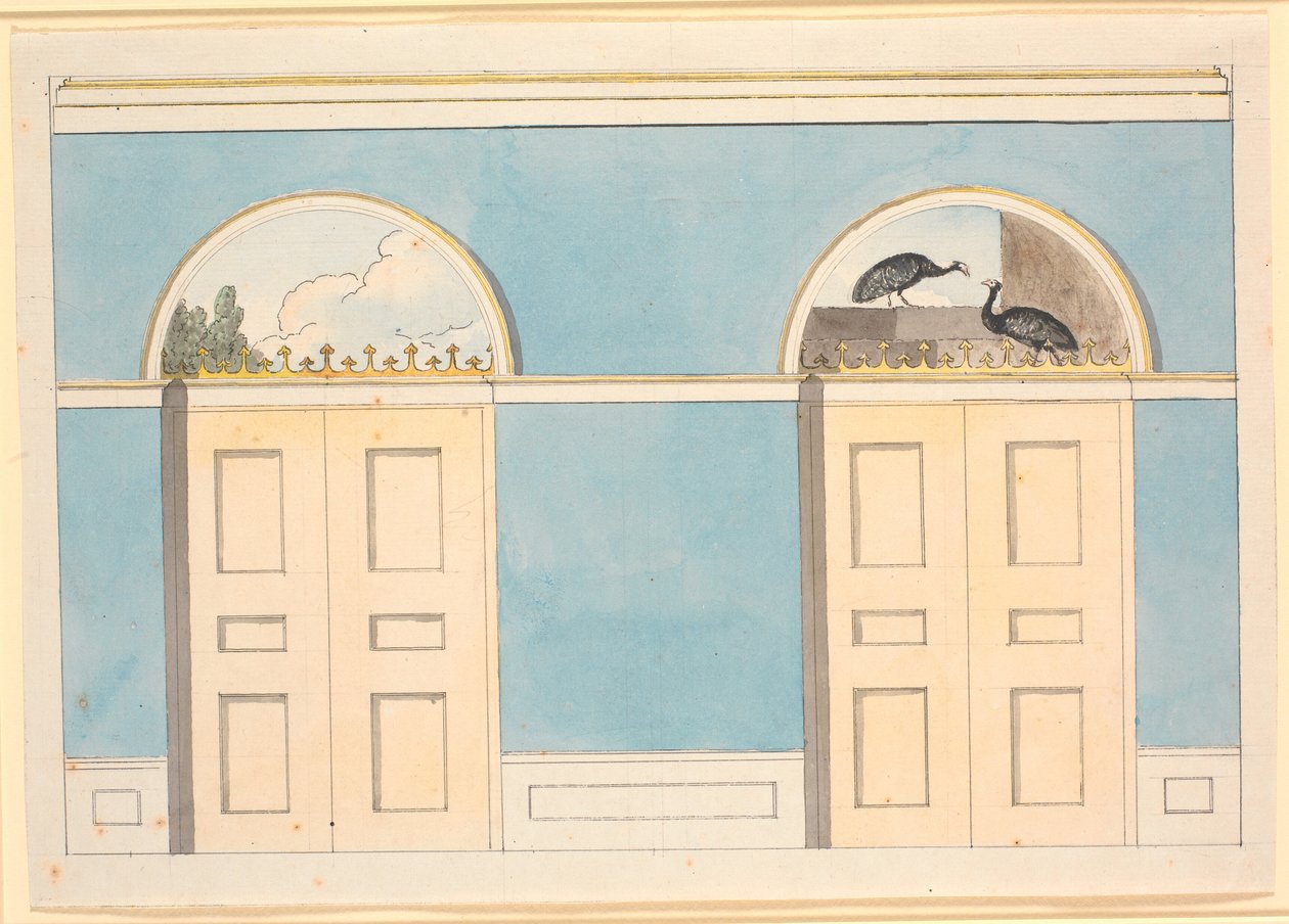 Draft for Wall Decoration with Semi-Circular Fields Above Two Doors, on Blue Walls by Nicolai Abildgaard