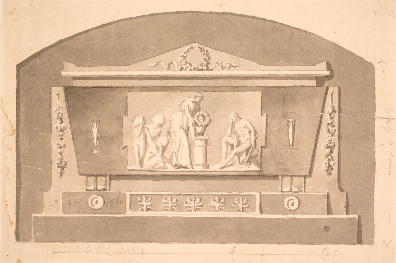 Draft for sarcophagus with relief for the Gandil grave monument at Assistens Cemetery by Nicolai Dajon