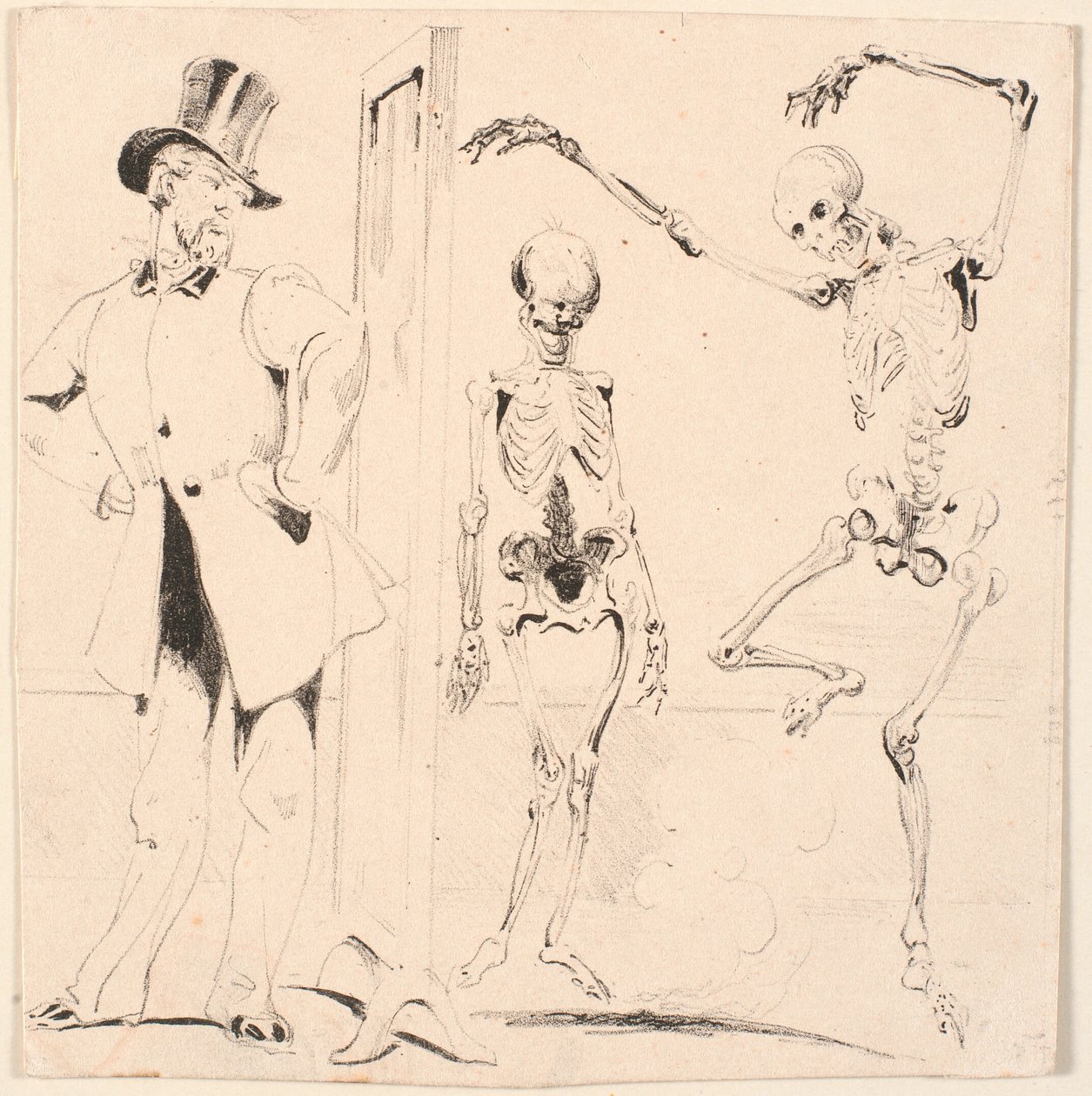 Sample Sheet. Gentleman Trying on Clothes in Front of a Mirror. Two Skeletons by Nicolai Habbe