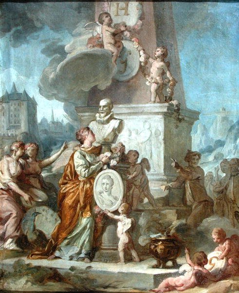 Allegorical scene around the Bust of Henri IV, King of France and the portrait medallion of Comtesse de Gramont, 1776 by Nicolas Guy Brenet