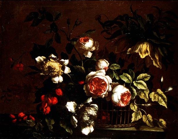 Roses, peonies and other flowers on a ledge by Nicolas (circle of) Baudesson