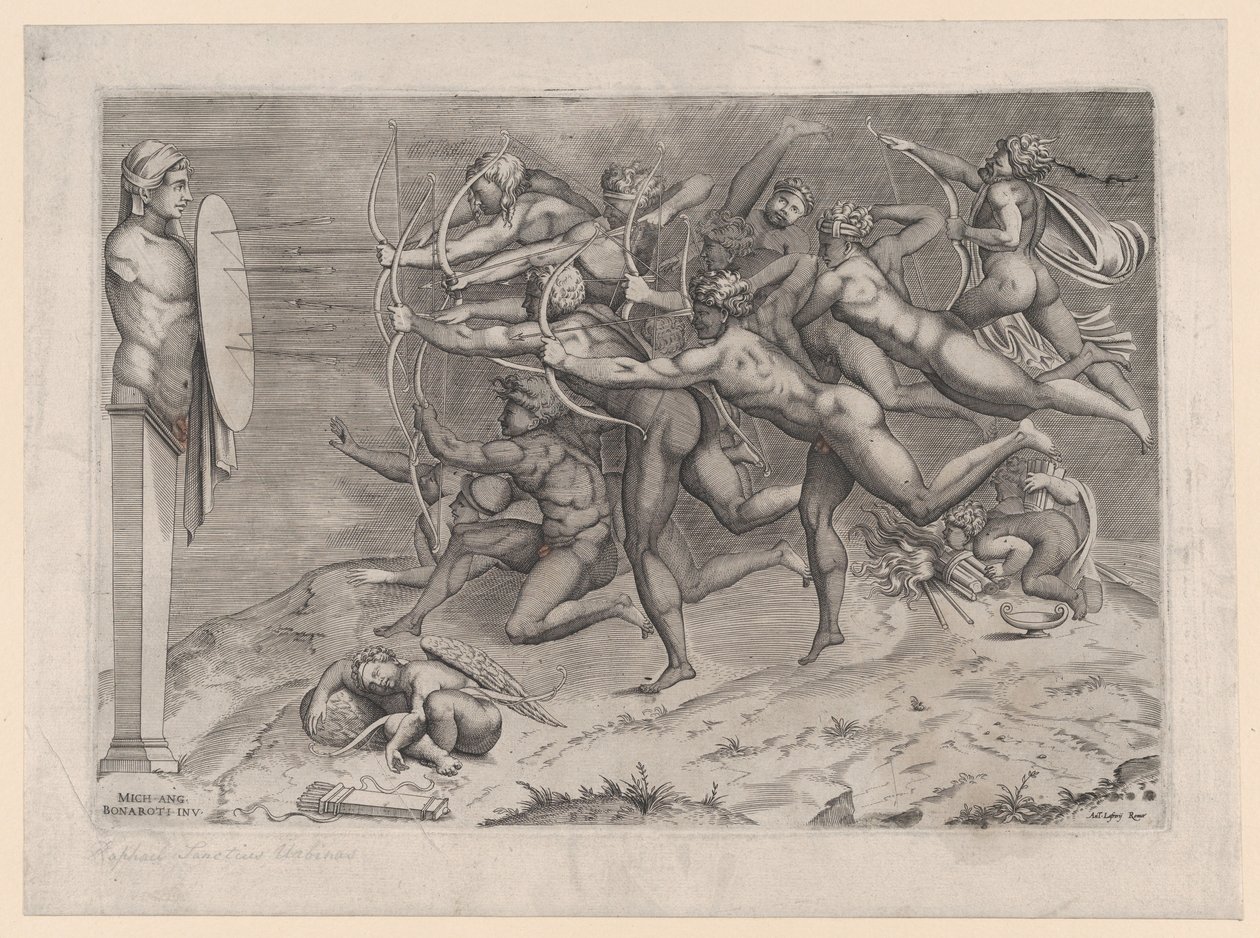 Naked Archers Shooting at a Target Attached to a Herm, Cupid Sleeping Below by Nicolas Beatrizet