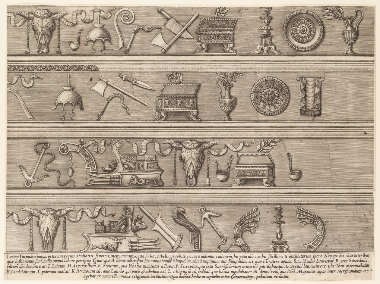 Speculum Romanae Magnificentiae: Sacrificial Instruments Based on Ancient Reliefs, ca. 1550-75 by Nicolas Beatrizet.