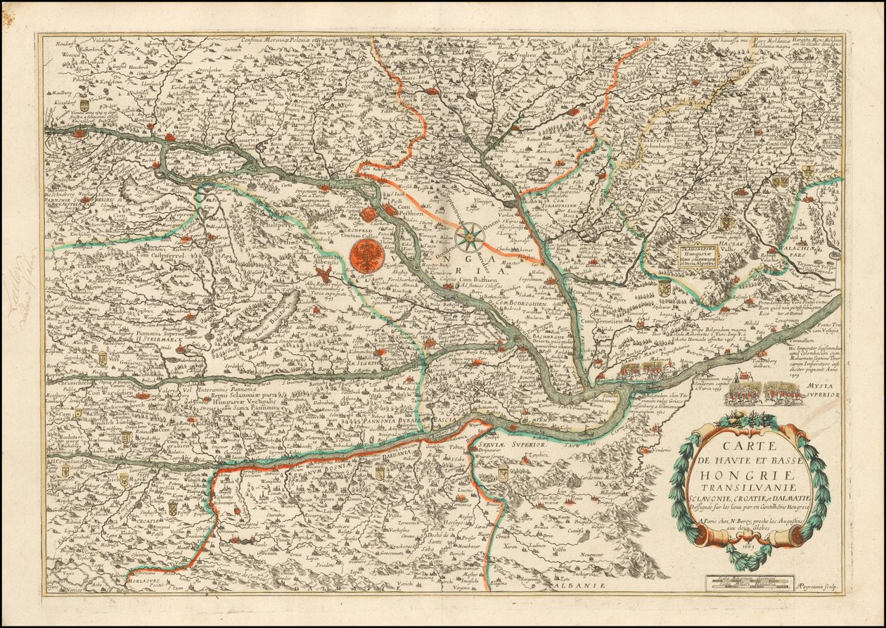 1663 Map of Upper and Lower Hungary, Transylvania, Slovenia, Croatia and Dalmatia, Published by Nicolas Berey by Nicolas Berey