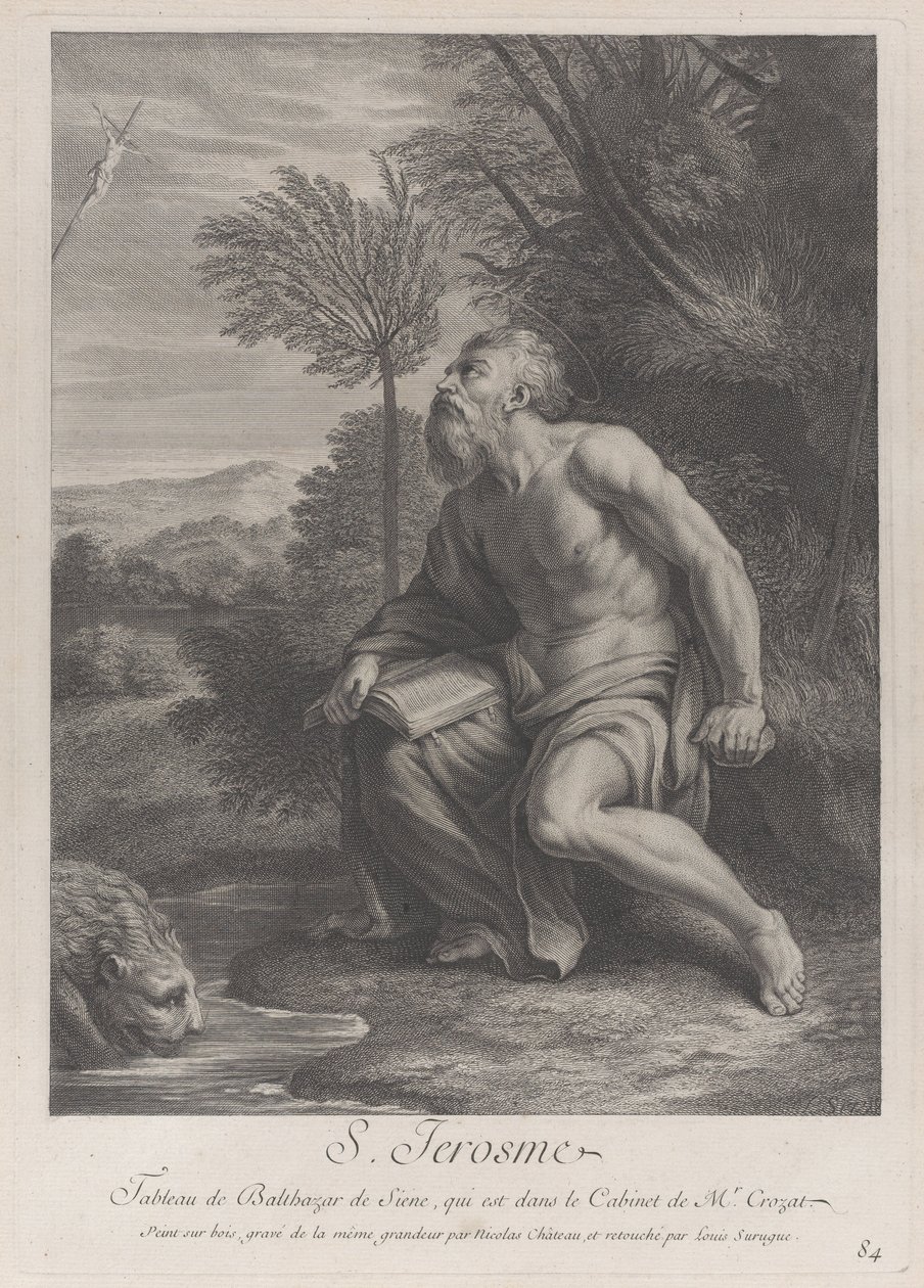 Saint Jerome Seated by a Tree Looking Up at a Crucifix, a Lion Drinking Water from a Stream by Nicolas Chateau