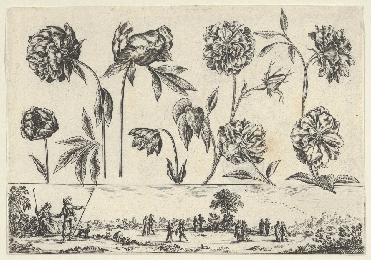 Horizontal Panel with a Row of Flowers Above a Frieze with Figures in a Landscape, 1645 by Nicolas Cochin
