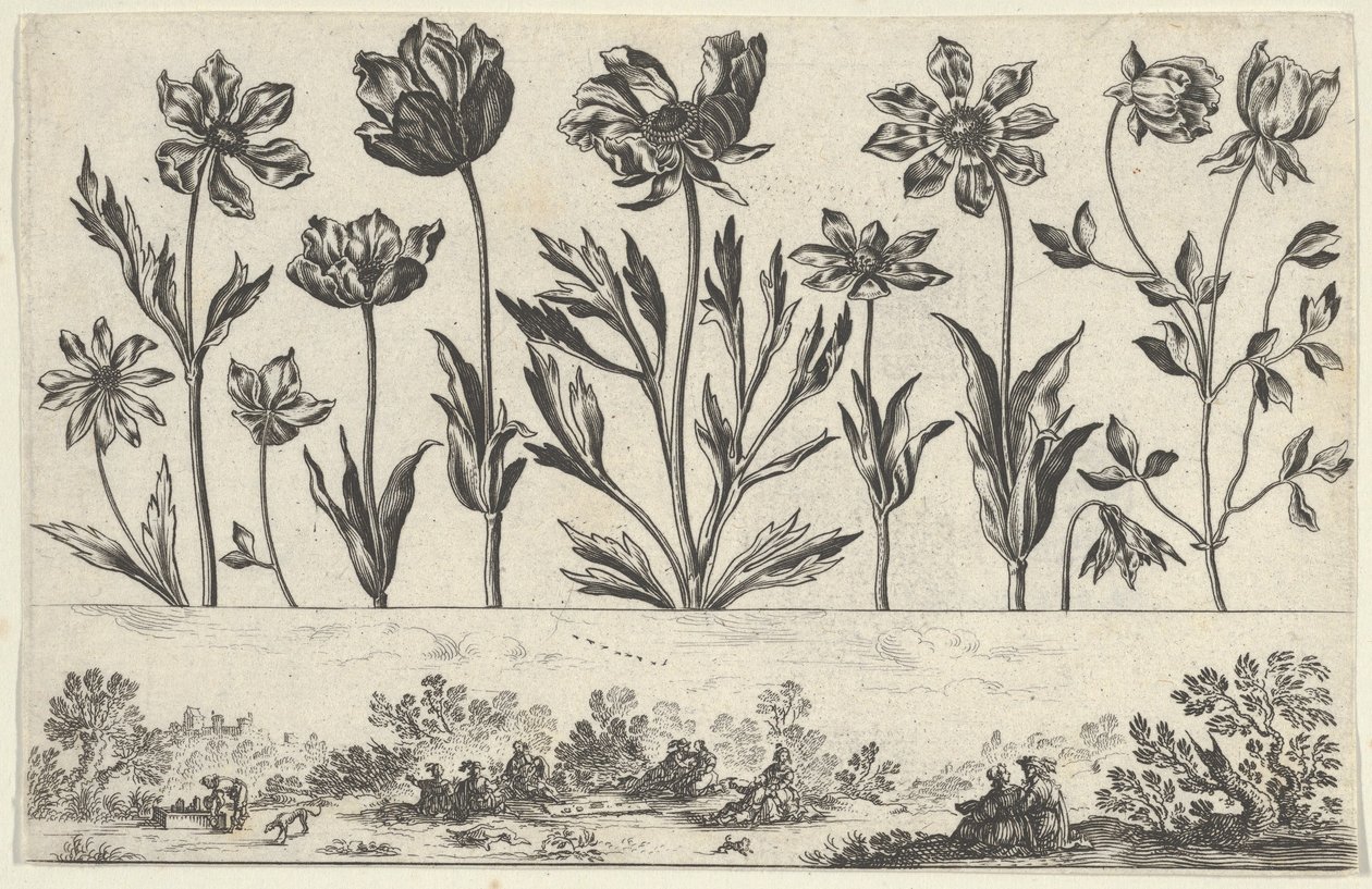 Horizontal Panel with a Row of Flowers Above a Frieze with Figures in a Landscape, 1645 by Nicolas Cochin