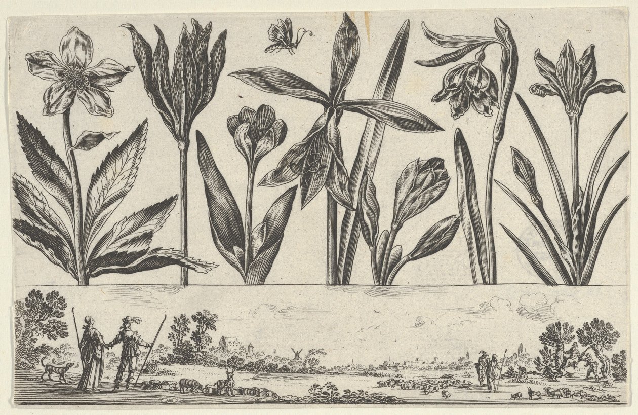 Horizontal Panel with a Row of Flowers Above a Frieze with Figures in a Landscape by Nicolas Cochin