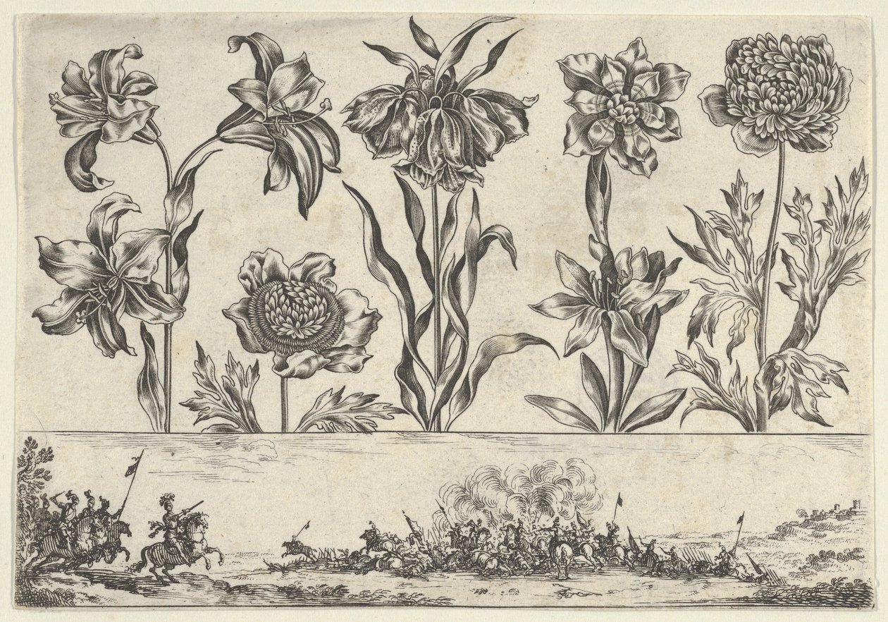 Horizontal Panel with a Row of Flowers Above a Frieze with a Battle Scene in a Landscape by Nicolas Cochin