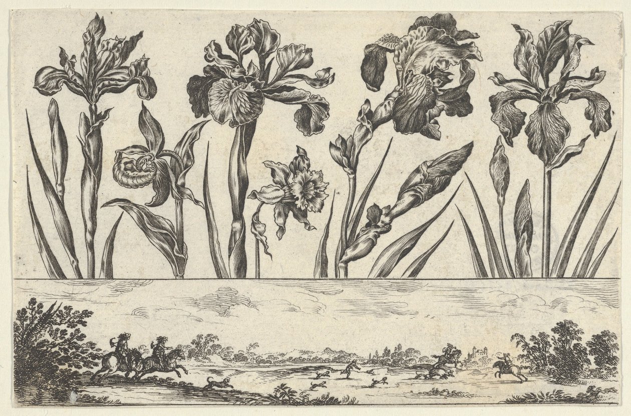 Horizontal Panel with a Row of Flowers Above a Frieze with a Hunting Scene in a Landscape, 1645 by Nicolas Cochin