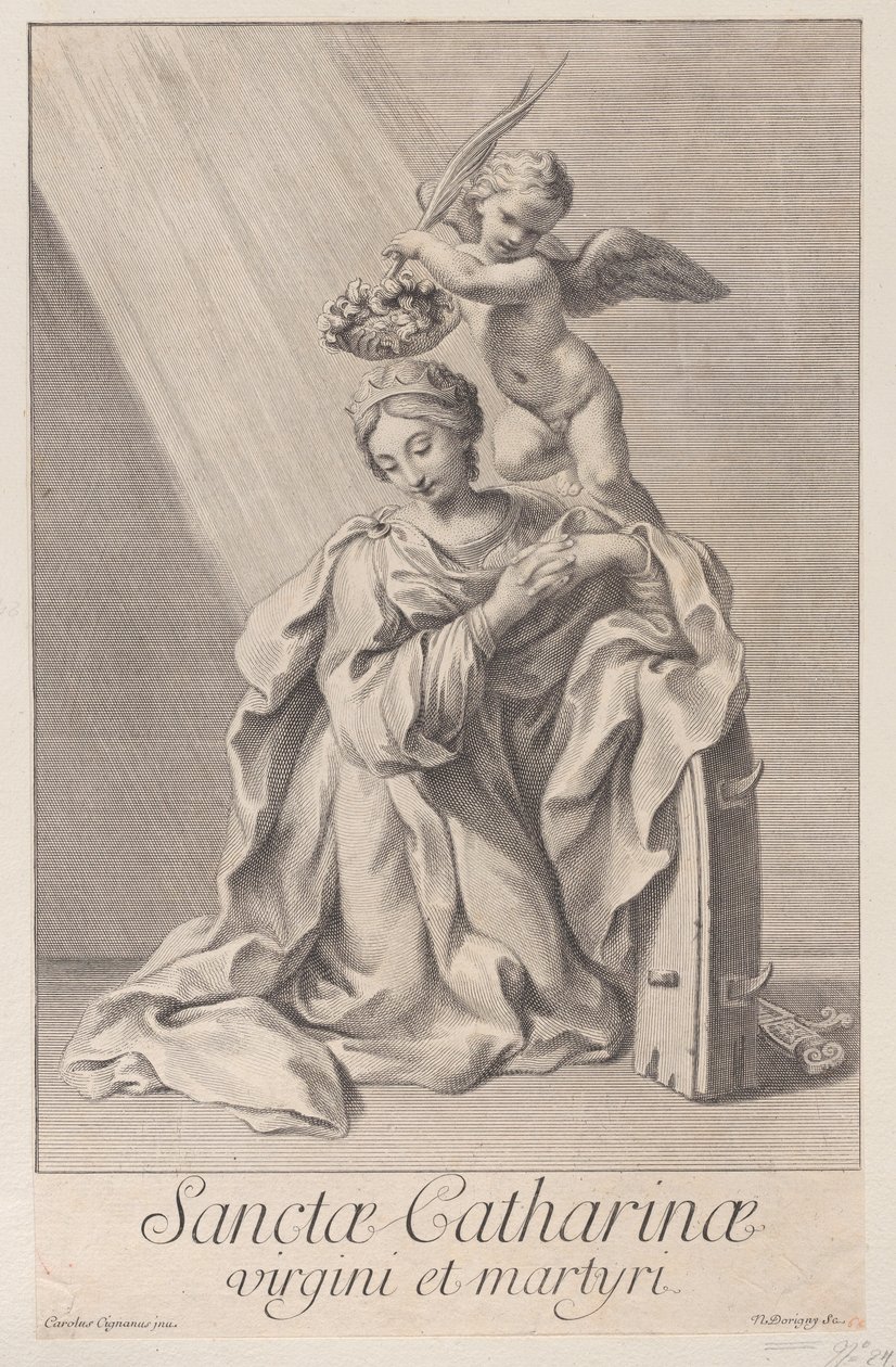 Saint Catherine of Alexandria, kneeling with her elbow resting on the spiked wheel by Nicolas Dorigny