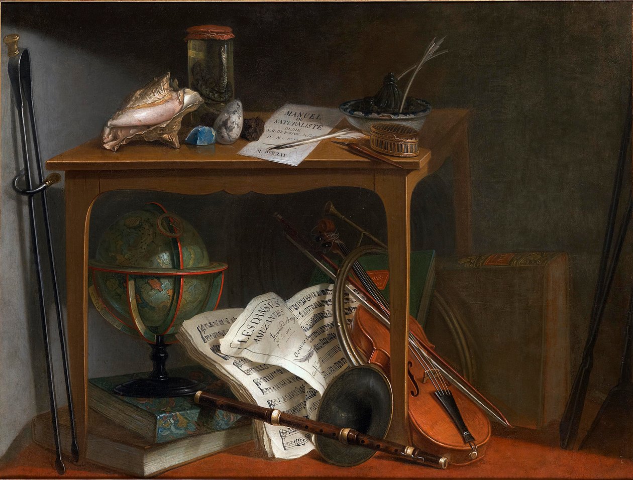 One of a pair of Devants de Cheminée: Naturalist Manual and Objects Resting on a Table by Nicolas Henri Jeaurat de Bertry