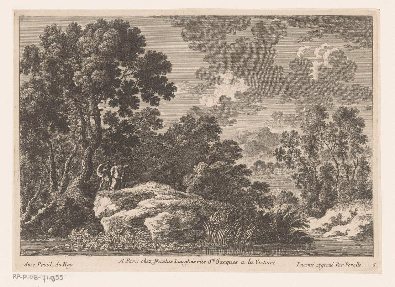 Landscape with Man, Woman, and Child on Rock by Pond by Nicolas Perelle