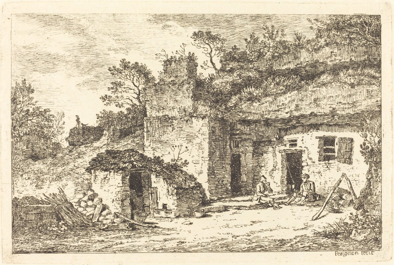 A Cottage with Two Men Seated at the Doorway by Nicolas Perignon