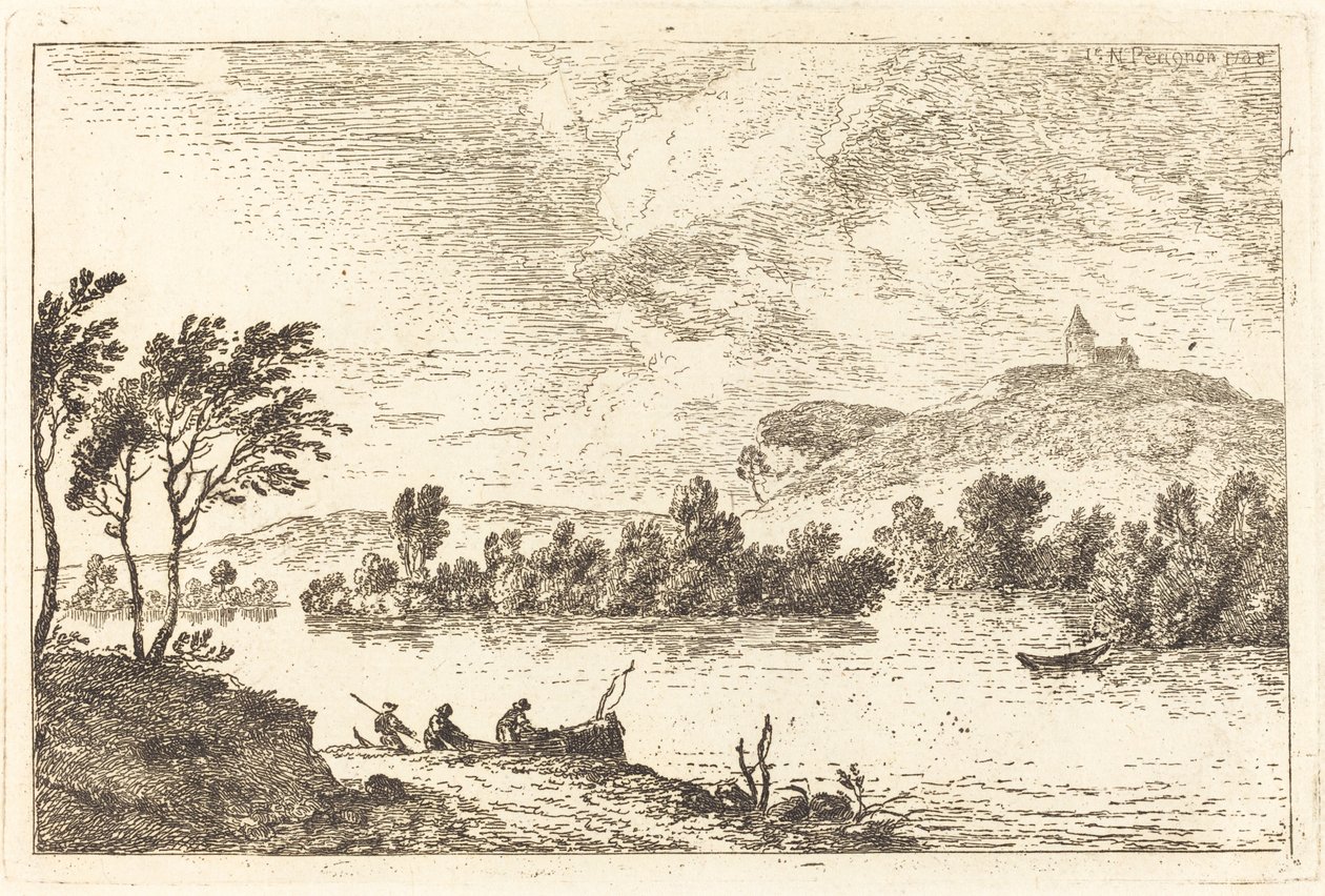 River Landscape with Figures and a Boat at Water