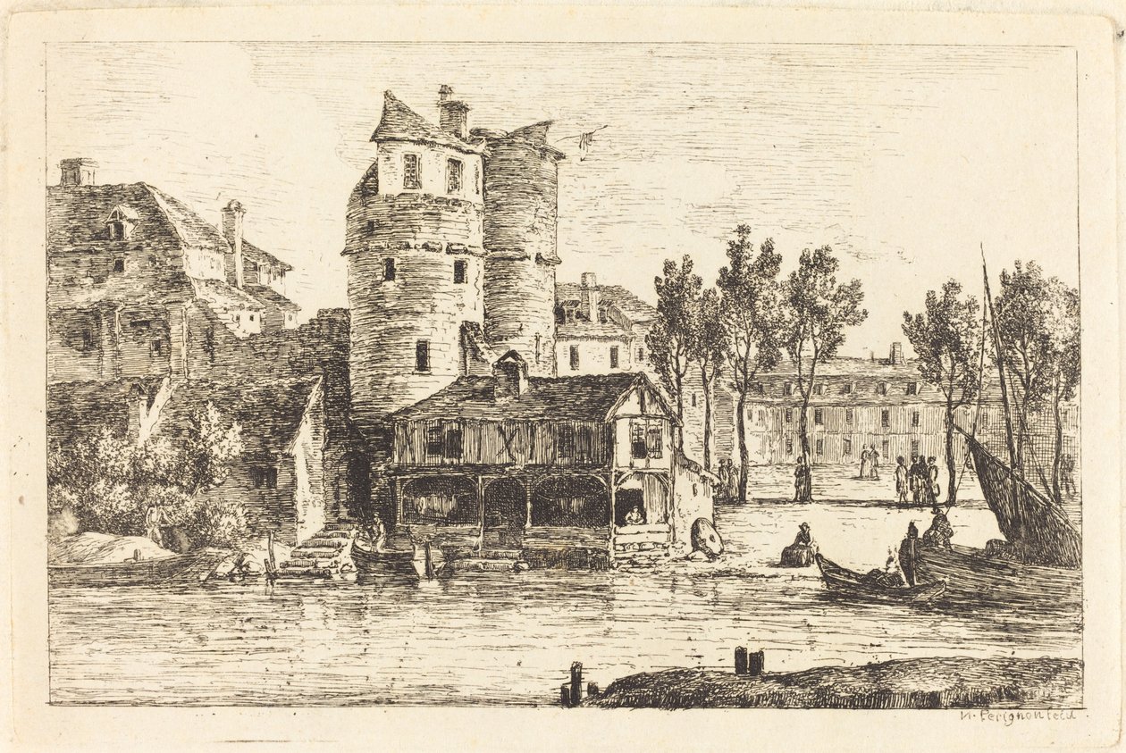 Town on a River Bank with Two Round Towers by Nicolas Perignon