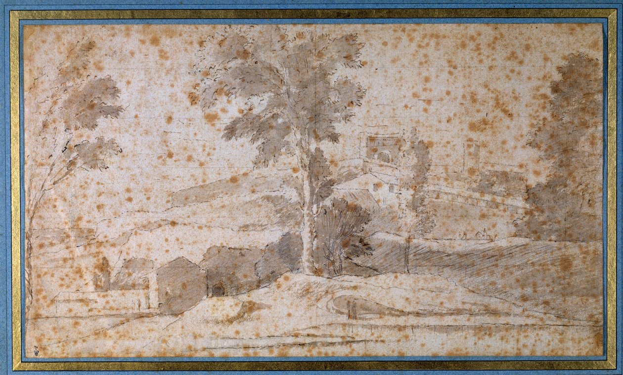 Landscape with a Large Tree in the Center and a Belvedere by Nicolas Poussin