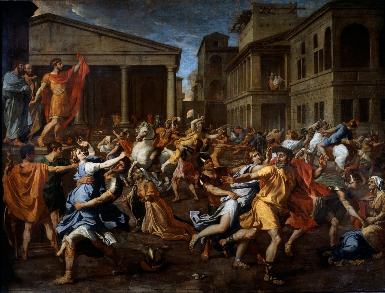 The removal of the sabines by the Romans. Romulus on the left observes the scene. by Nicolas Poussin