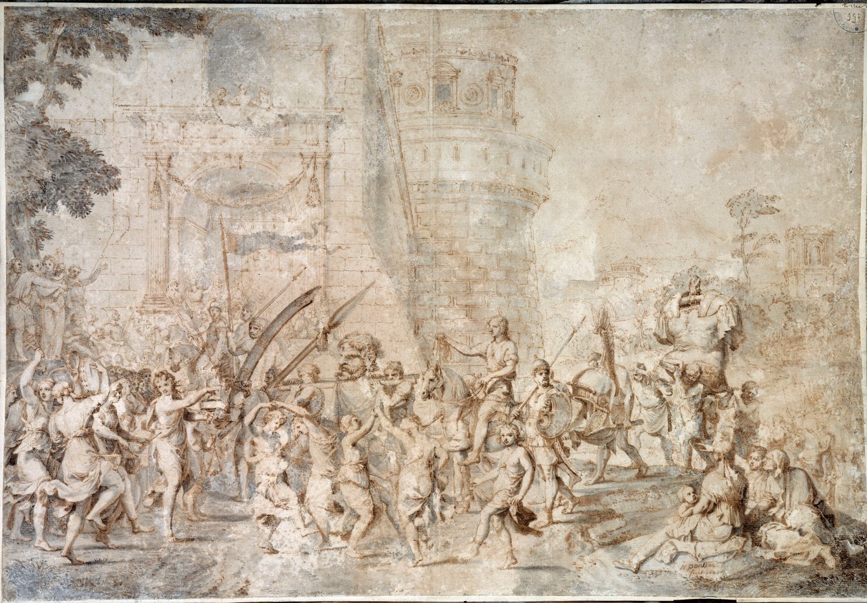 The Triumph of David Bringing Back the Head of Goliath (Drawing by Nicolas Poussin) by Nicolas Poussin