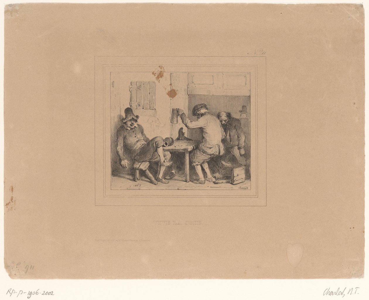 Three Drunken Farmers in a Tavern (title on object: Vive la joie) (series title: Sketches 1837, Croquis par Charlet 1837) by Nicolas Toussaint Charlet