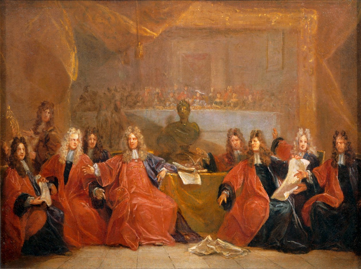 The Reeve of the Merchants and the Councilmen of the City of Paris Deliberating on the Offer of a Feast to Louis XIV by Nicolas de (workshop) Largilliere
