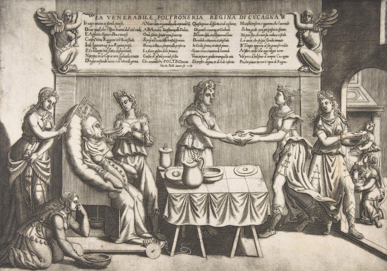 Venerable Idleness, Queen of Cockaigne, a fat woman seated on a movable toilet chair by Nicolo Nelli