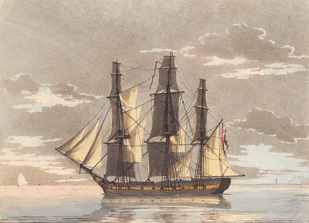 A Danish Frigate with All Sails Set in Calm Sea by Niels Truslew