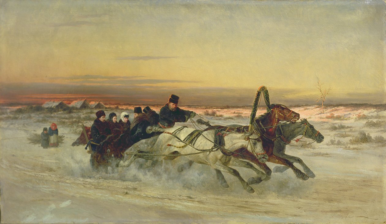 A Galloping Winter Troika at Dawn by Nikolai Egorevich Sverchkov
