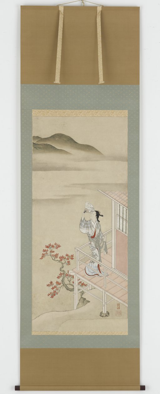 Young Woman with a Fan on a Verandah Admiring Maple by Nishikawa Sukenobu