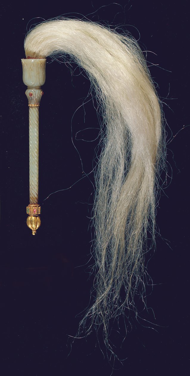 A Mughal carved jade flywhisk by North Indian School
