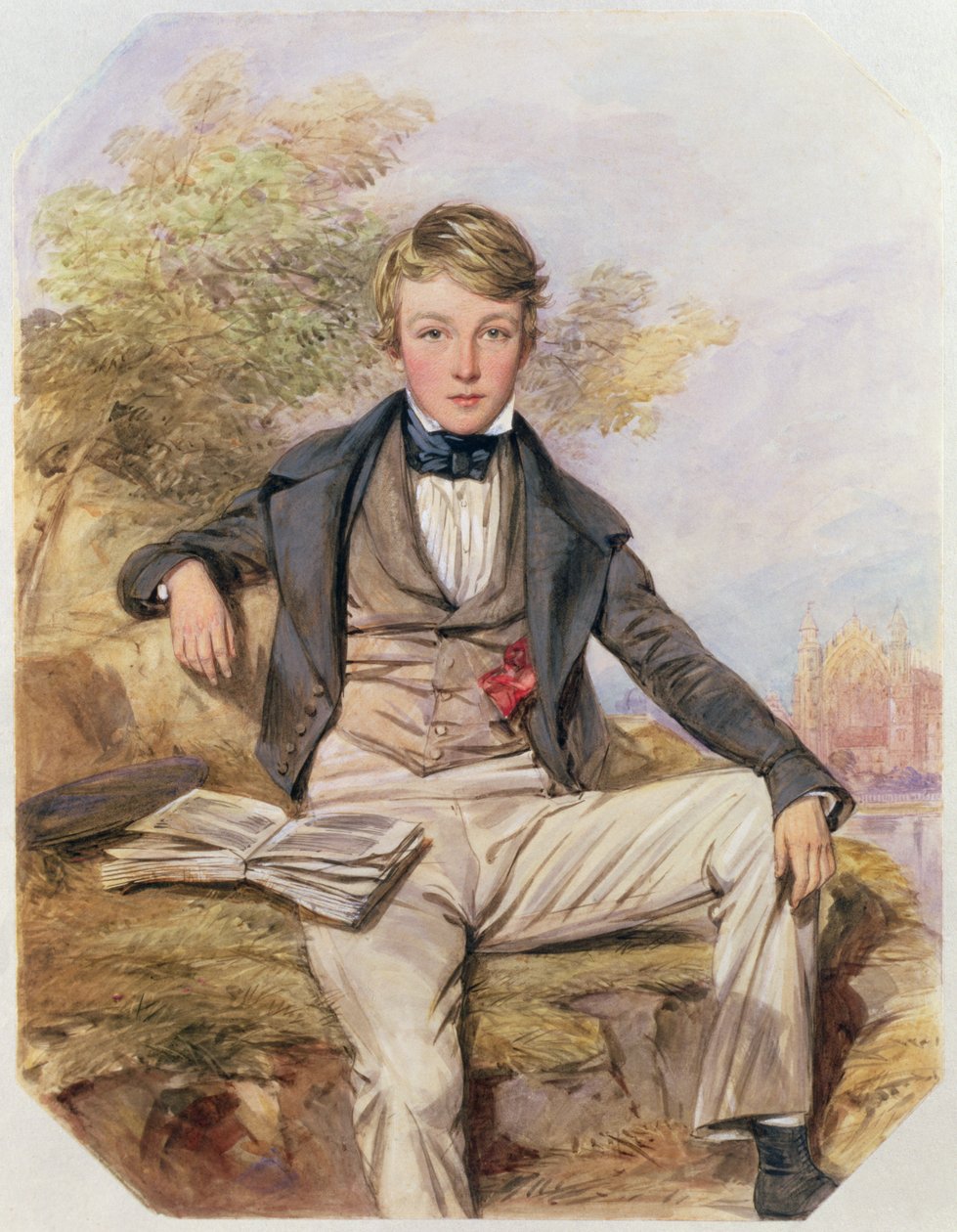 Portrait of Benjamin Gibbons Seated, with a View of Eton College Beyond, c.1838 by Octavius Oakley