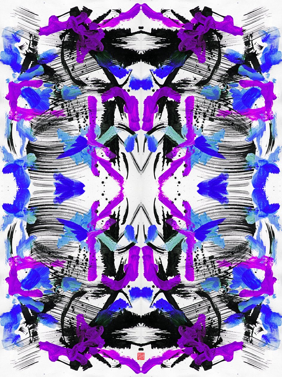 Zen Ink Blue Purple Floral Pattern by Odilia W. Y. Fu