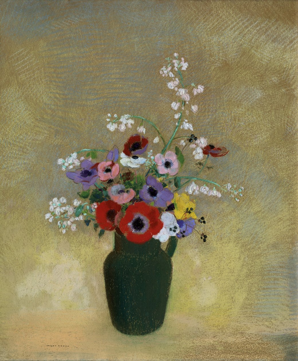 Large Green Vase with Mixed Flowers by Odilon Redon
