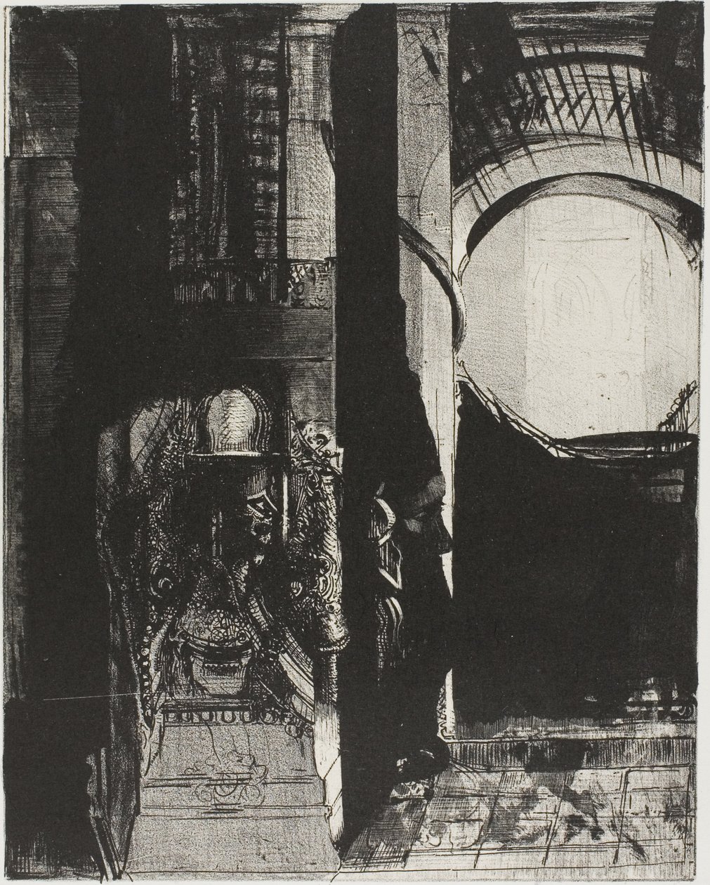And On Every Side Are Columns of Basalt,...the Light Falls From the Vaulted Roof, plate 3 of 24 by Odilon Redon