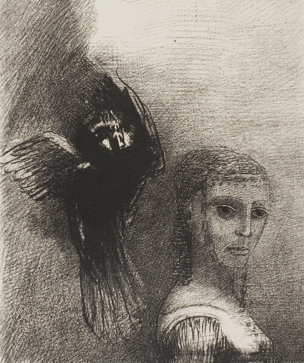 And a Large Bird, Descending From the Sky, Hurls Itself Against the Topmost Point of Her Hair, plate 3 of 10 by Odilon Redon
