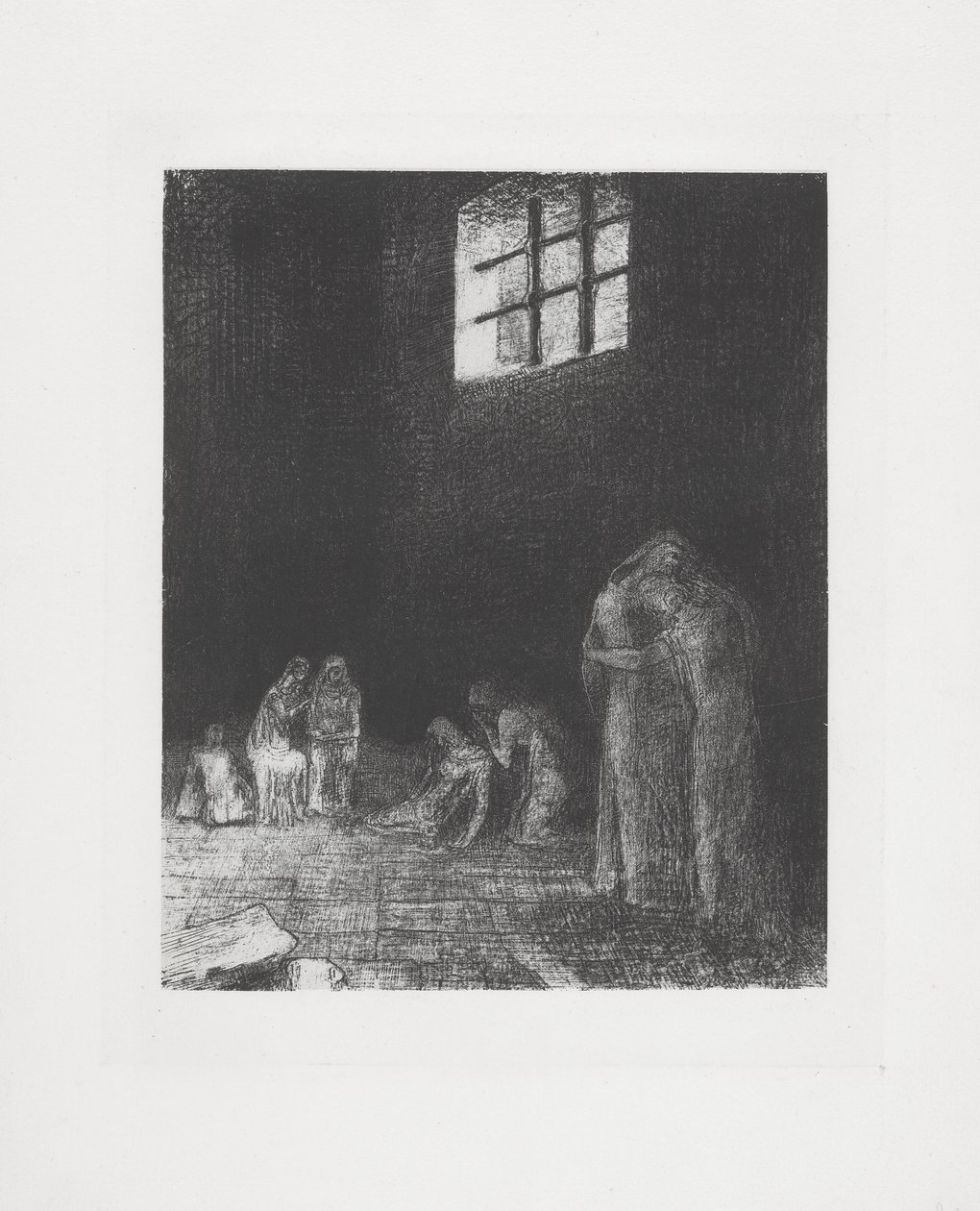 In the shadow, people cry and pray... by Odilon Redon