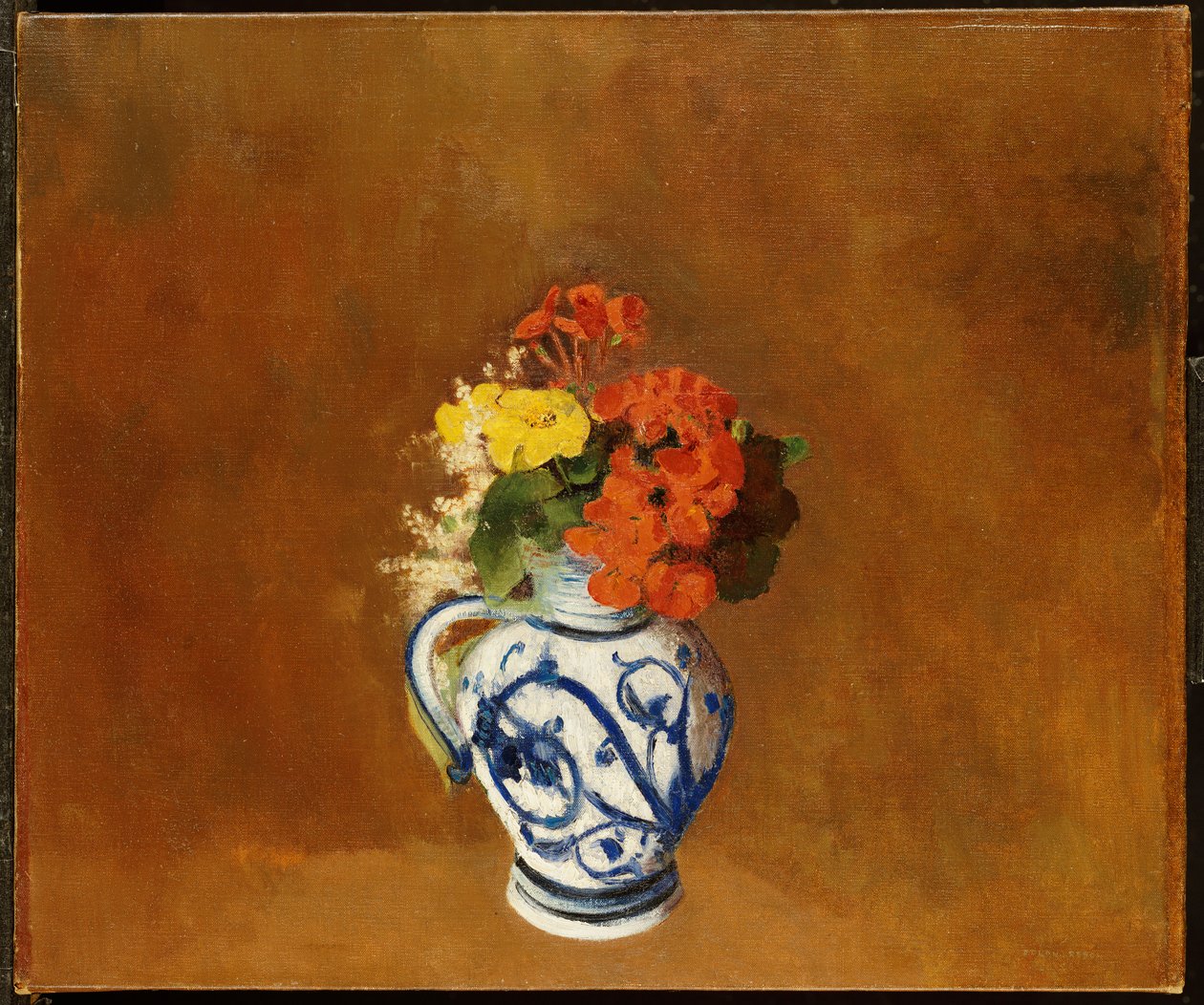 Geraniums and Other Flowers in a Stoneware Vase by Odilon Redon