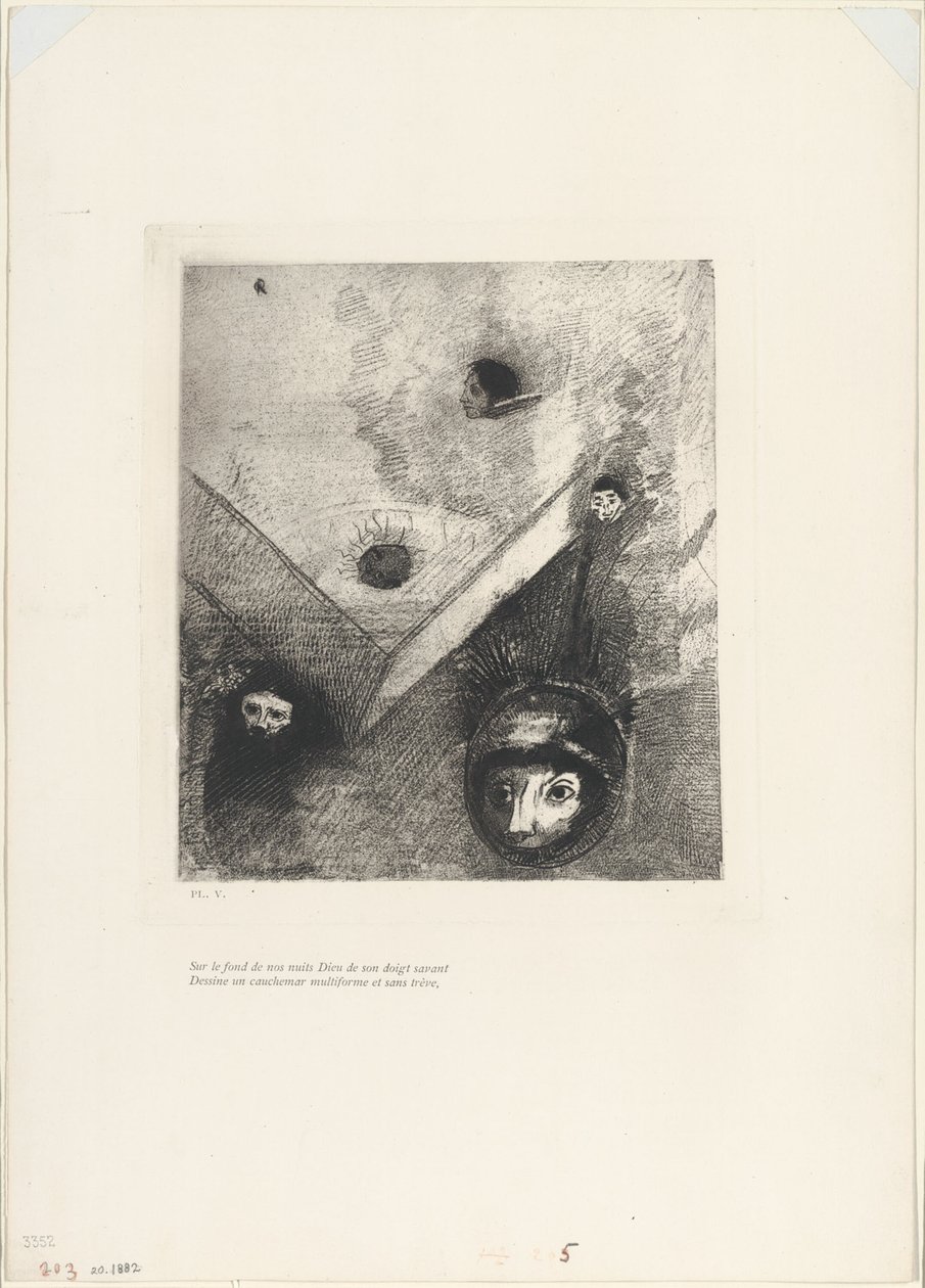 On the Backdrop of Our Nights God with His Knowing Finger Traces a Multiform Implacable Nightmare, plate 6 of 9 by Odilon Redon