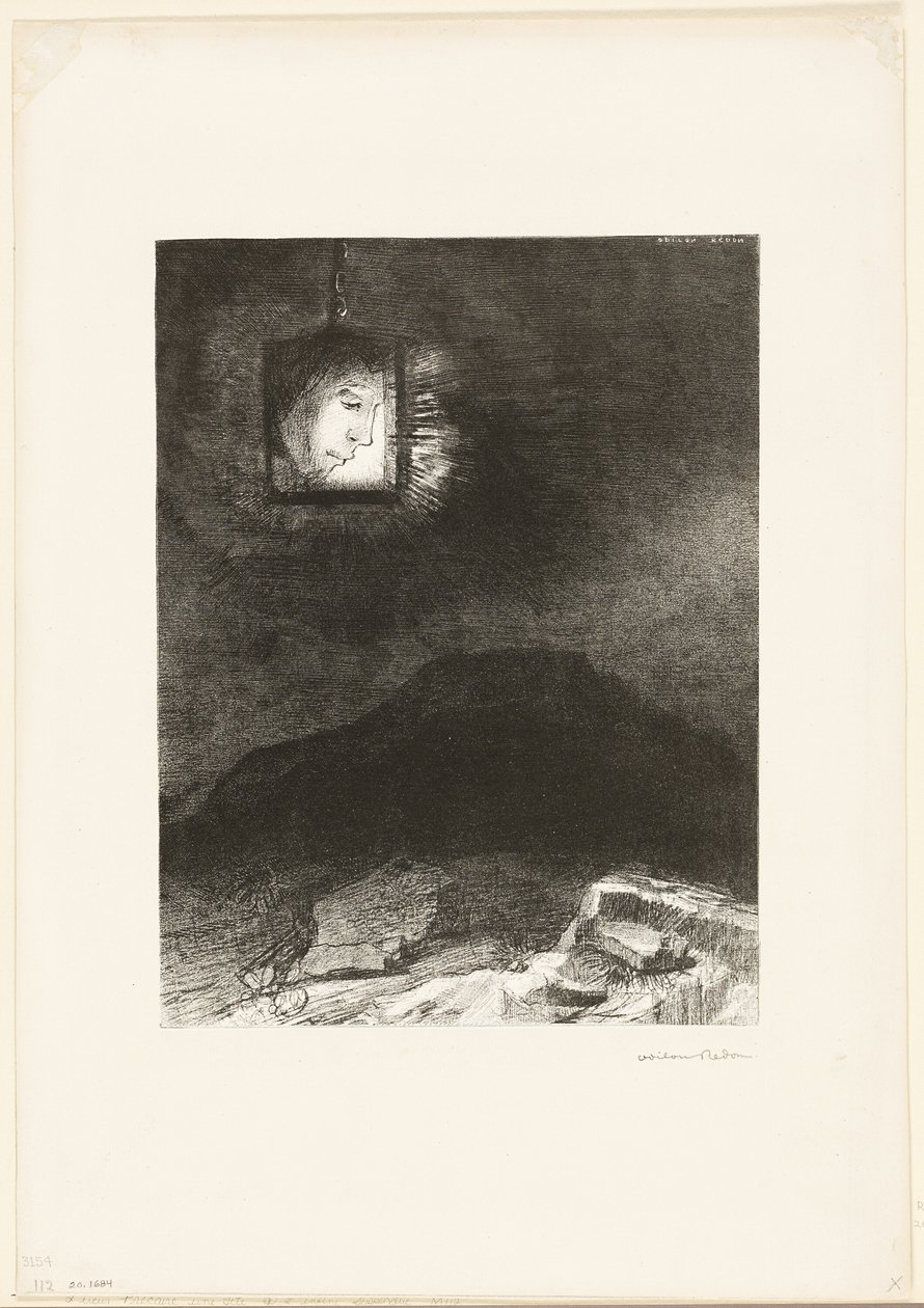 Precarious Glimmering, a Head Suspended from Infinity (plate 3 of 6) by Odilon Redon
